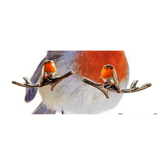 Robin Bird Earrings Ear Climbers New Orange Silver Tree Branch Loved One… - Picture 1 of 12